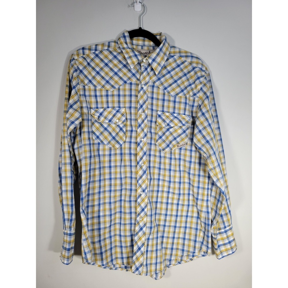 Wrancher by Wrangler Pearl Snap Shirt Plaid Yellow Blue White Medium